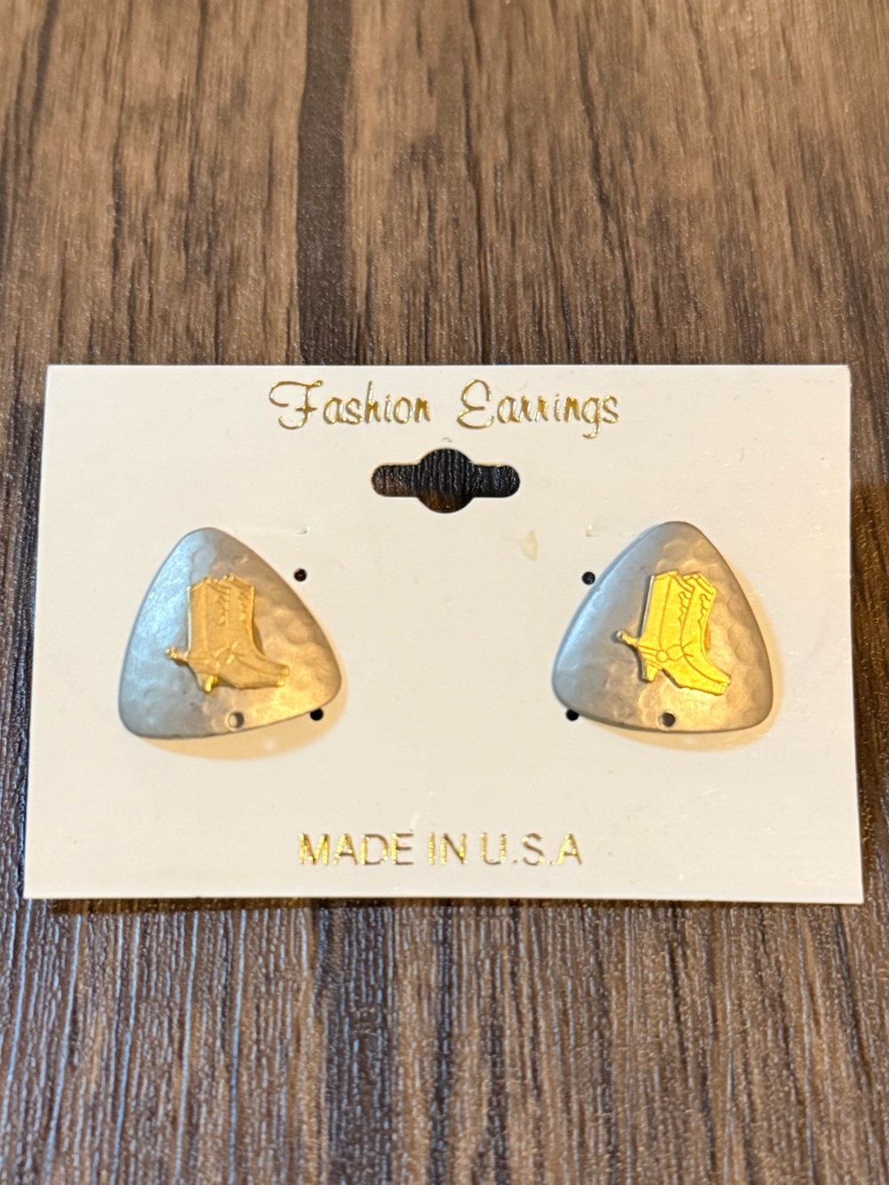 Two-tone Gold Cowboy Boots on Silver Guitar Pic-Shaped Earrings -Country Concert